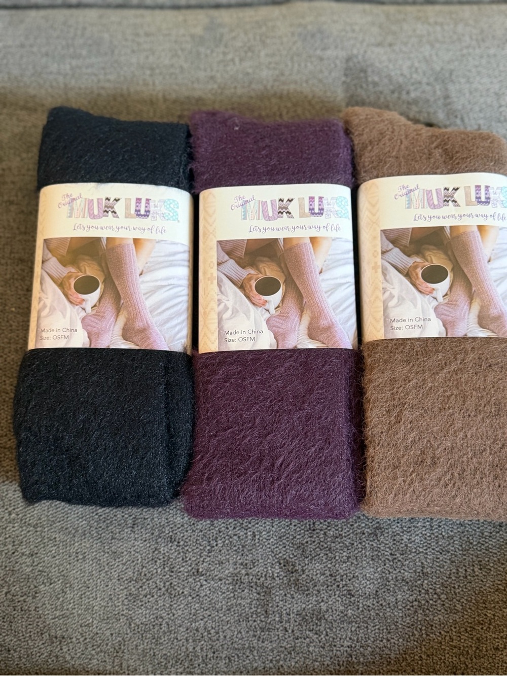 Muk Luks Fuzzy Knee-High Socks Trio — Black, Plum, Brown